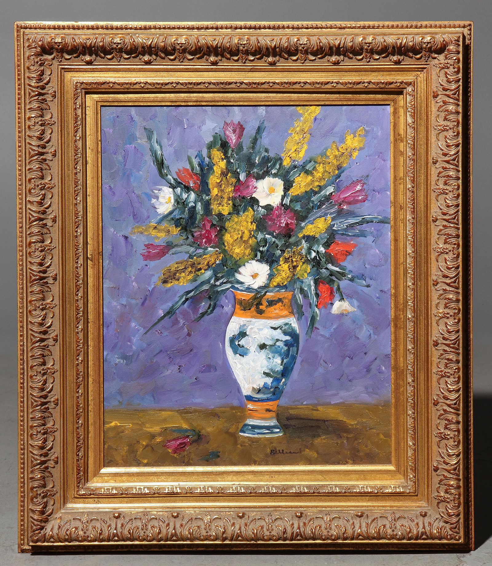 Gold Framed Oil on Canvas- Florals in Vase: Gold Framed Oil on Canvas- Florals in Vase - Frame is 29 in tall x 25 x 3, The work itself is 20 in tall x 16