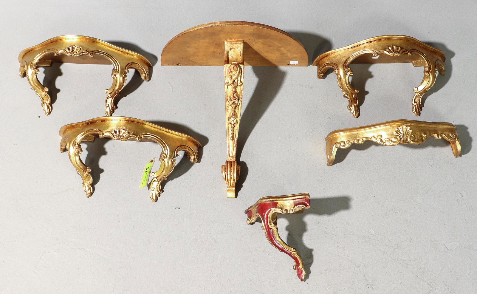 6 Small Gold Gilt Wall Shelves: 6 Small Gold Gilt Wall Shelves - Largest is 18 in tall x 17 x 8