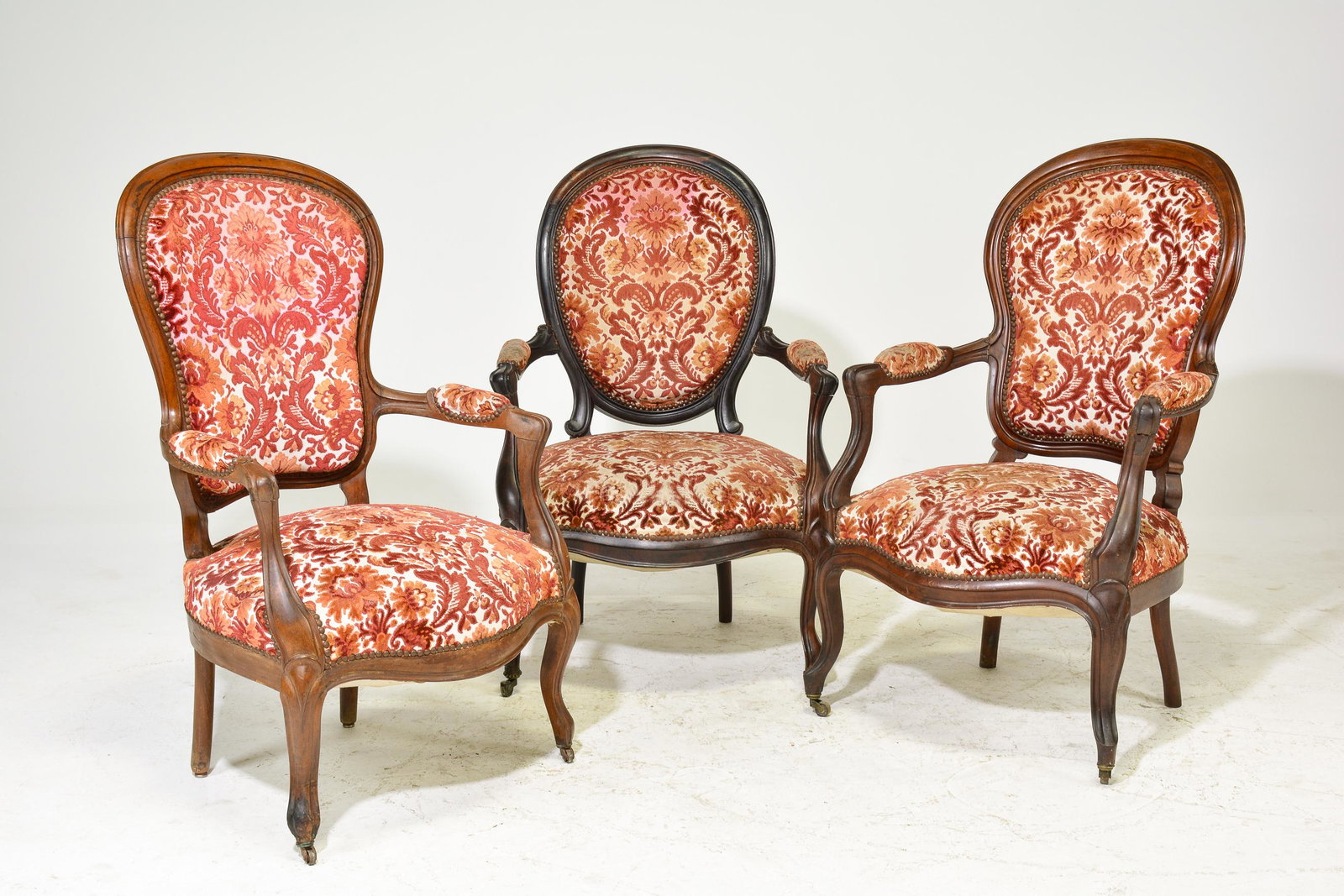 3 Louis XV Style Mahogany Arm Chairs: 3 French Louis XV Style Mahogany Arm Chairs - Largest is 39 in tall x 25 x 22