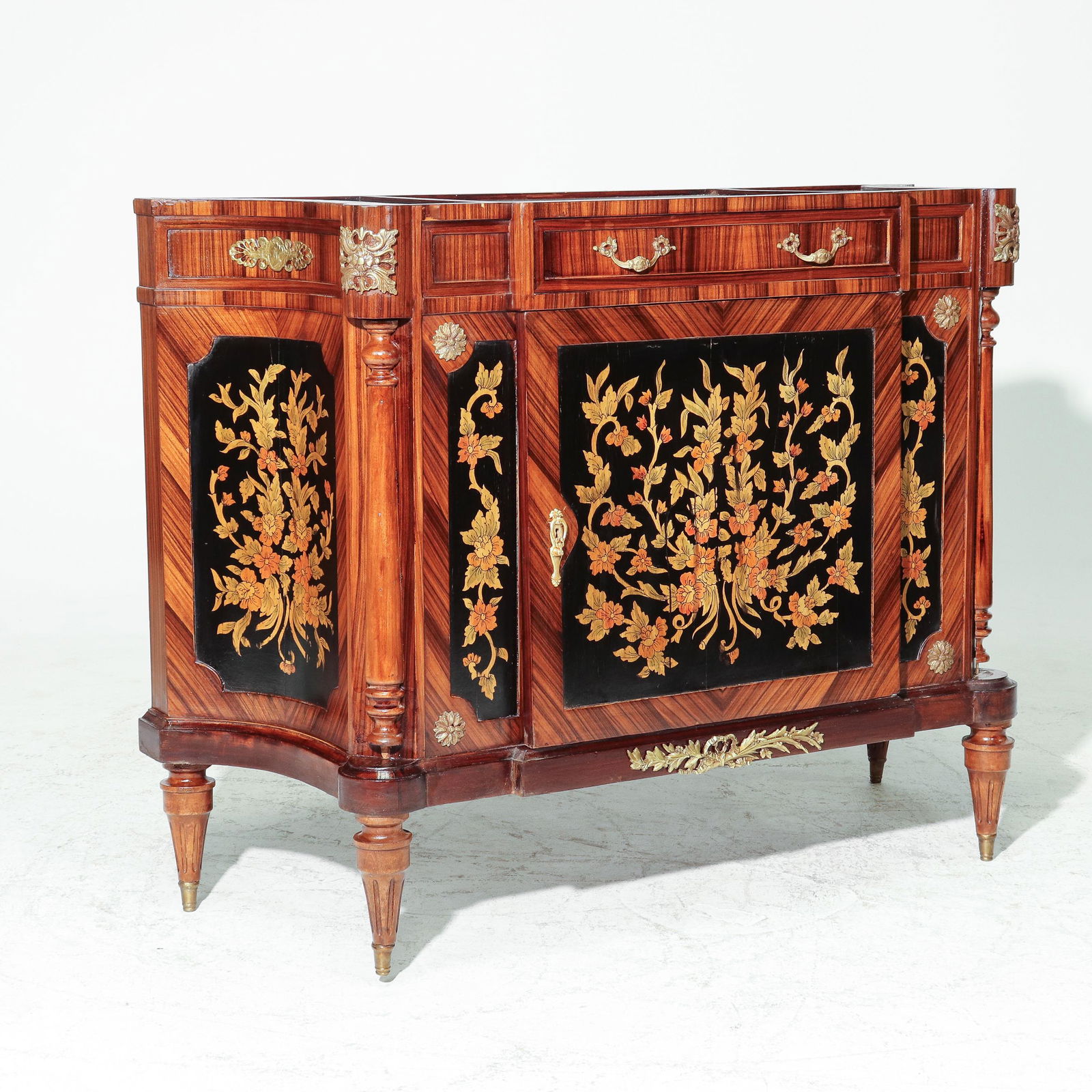 French Replica Inlaid Commode / Sideboard: French Replica Inlaid Commode / Sideboard - 40 in tall x 53 x 20 - There is no marble and one leg is wrong (Too short)