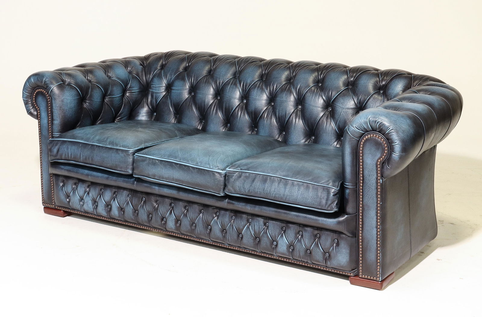 British Blue Leather Button Tufted Chesterfield Sofa (1 of 5)