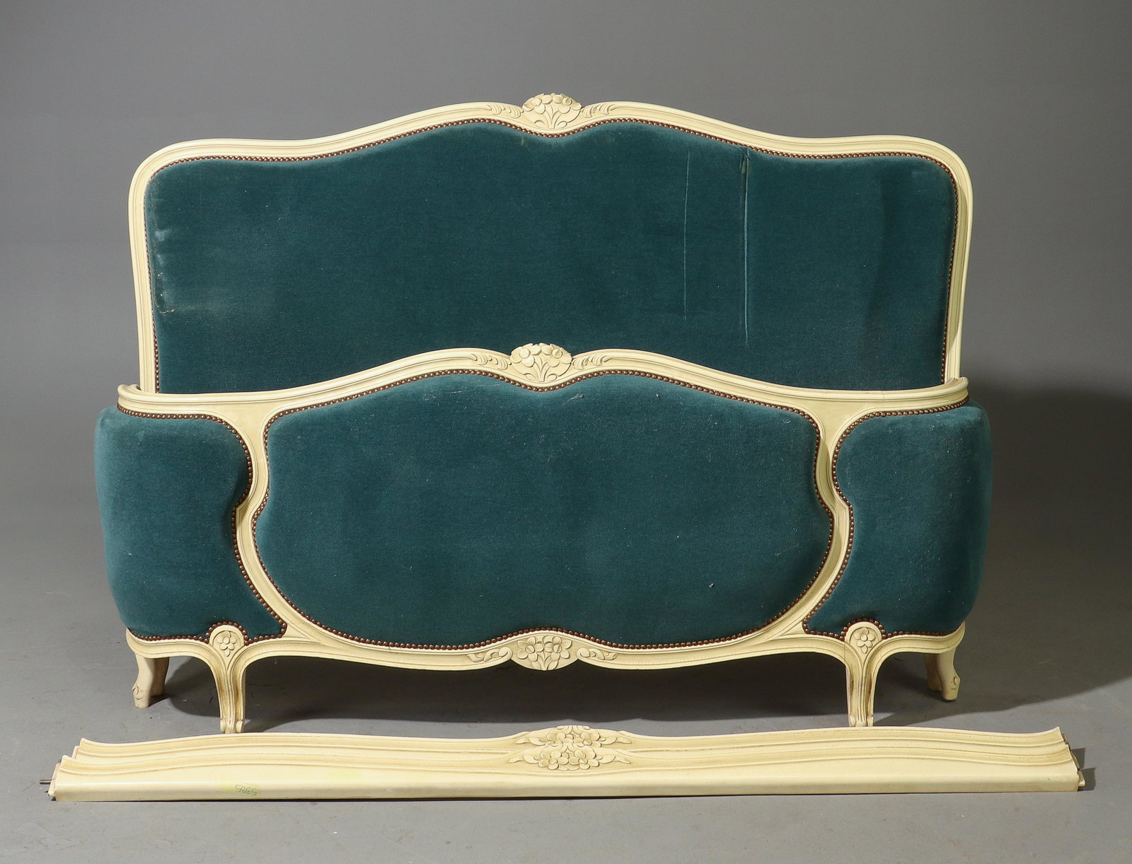 Louis XV Style Blue Upholstered Bed with Rails (1 of 4)
