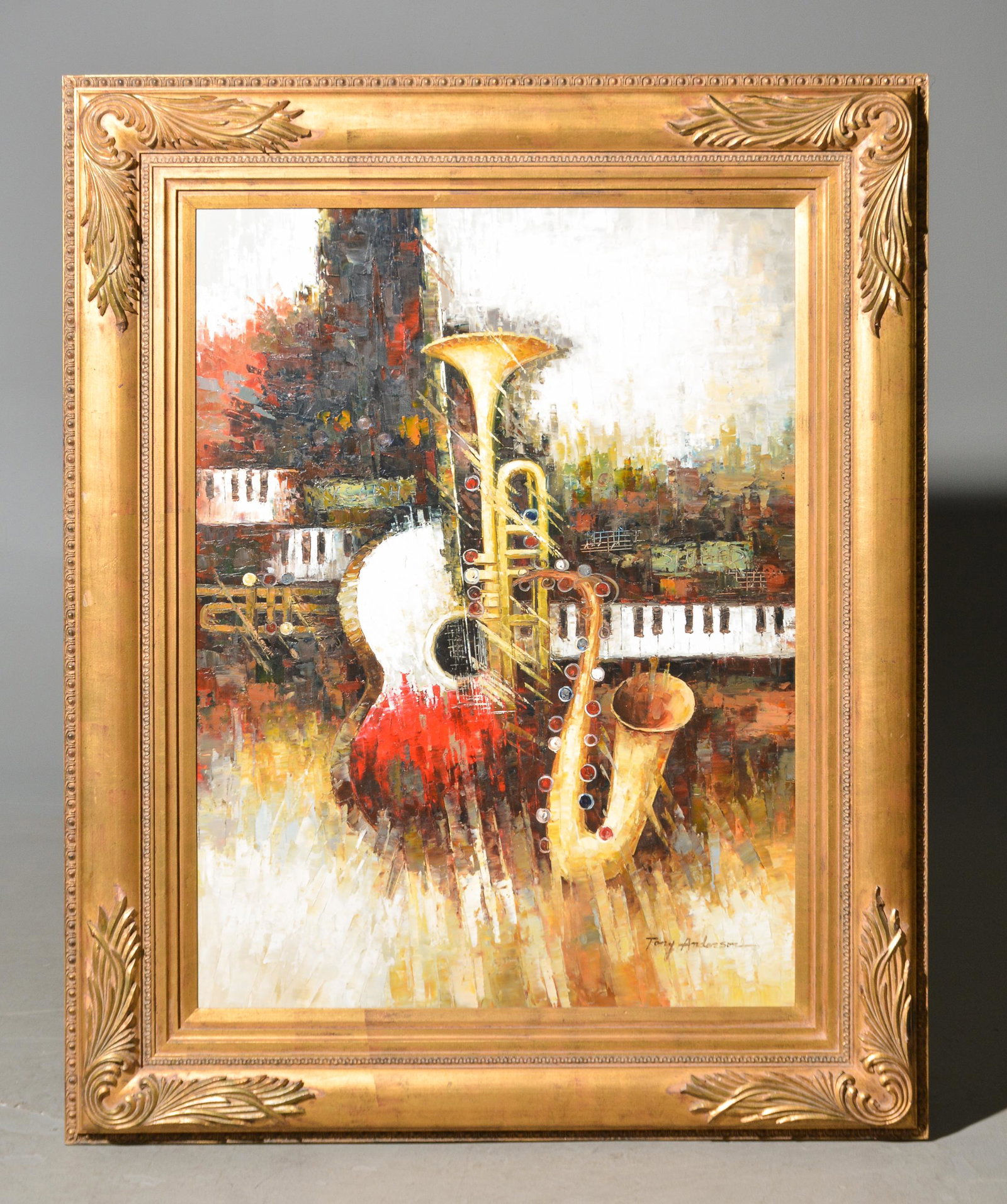 Gilded Framed Oil on Canvas - Musical Instrument: Gilded Framed Oil on Canvas - Musical Instrument - Frame is 54 in tall x 43 x 2, The work itself is 40 x 30