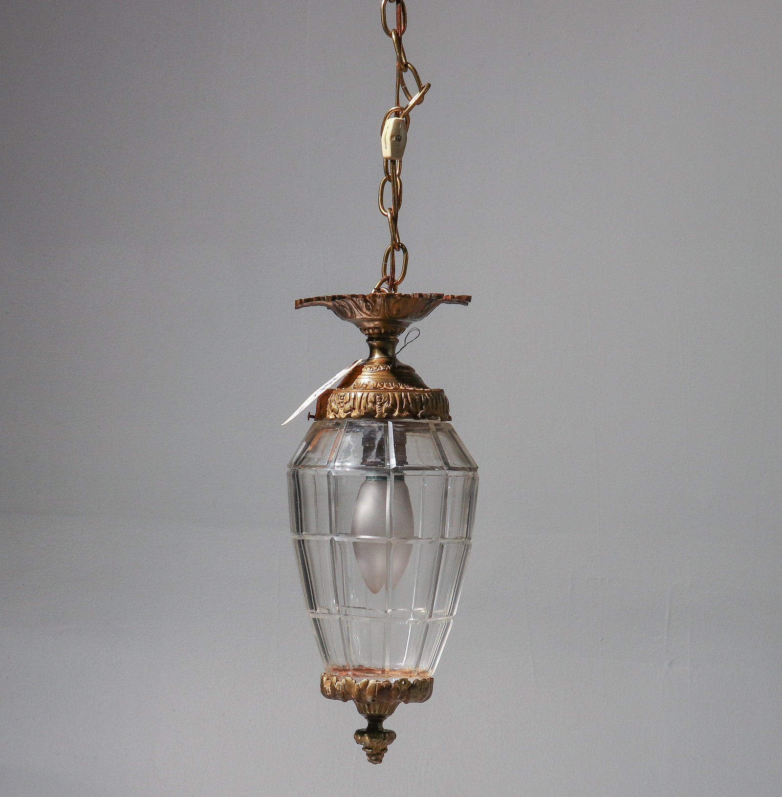 Gilt Bronze & Glass Pendant Chandelier: Gilt Bronze & Glass Pendant Chandelier - 17 in tall x 7 inch diameter - Measurement does not include the chain and ceiling plate