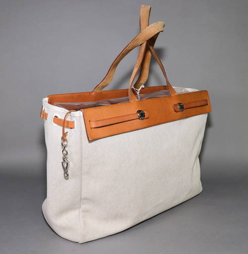 Hermes Beige Toile & Black Canvas Herbag Cabas MM Tote Bag