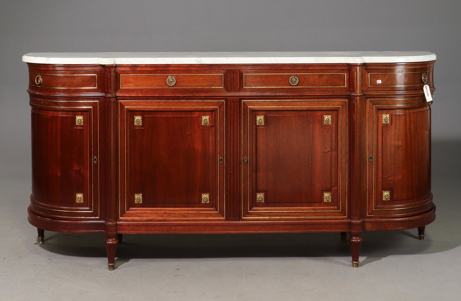 Louis XVI Style Mahogany White Marble Top Sideboard: French Louis XVI Style Mahogany White Marble Top Sideboard - 41.5 in tall x 88 x 21.5