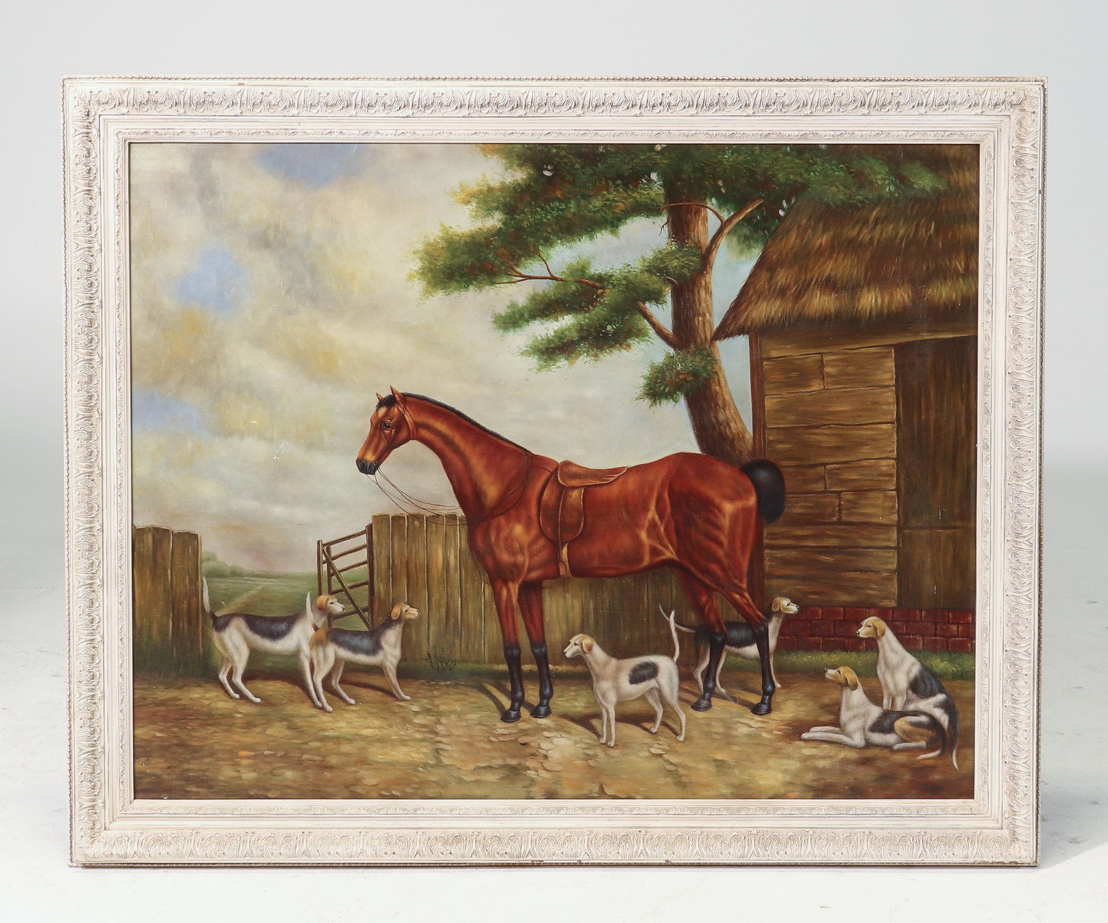White Painted Framed Oil on Board - Horse & Dogs: White Painted Framed Oil on Board - Horse & Dogs - No noticeable signature - Frame is 43 in tall x 53 x 2.5, The work itself is 37 in tall x 46
