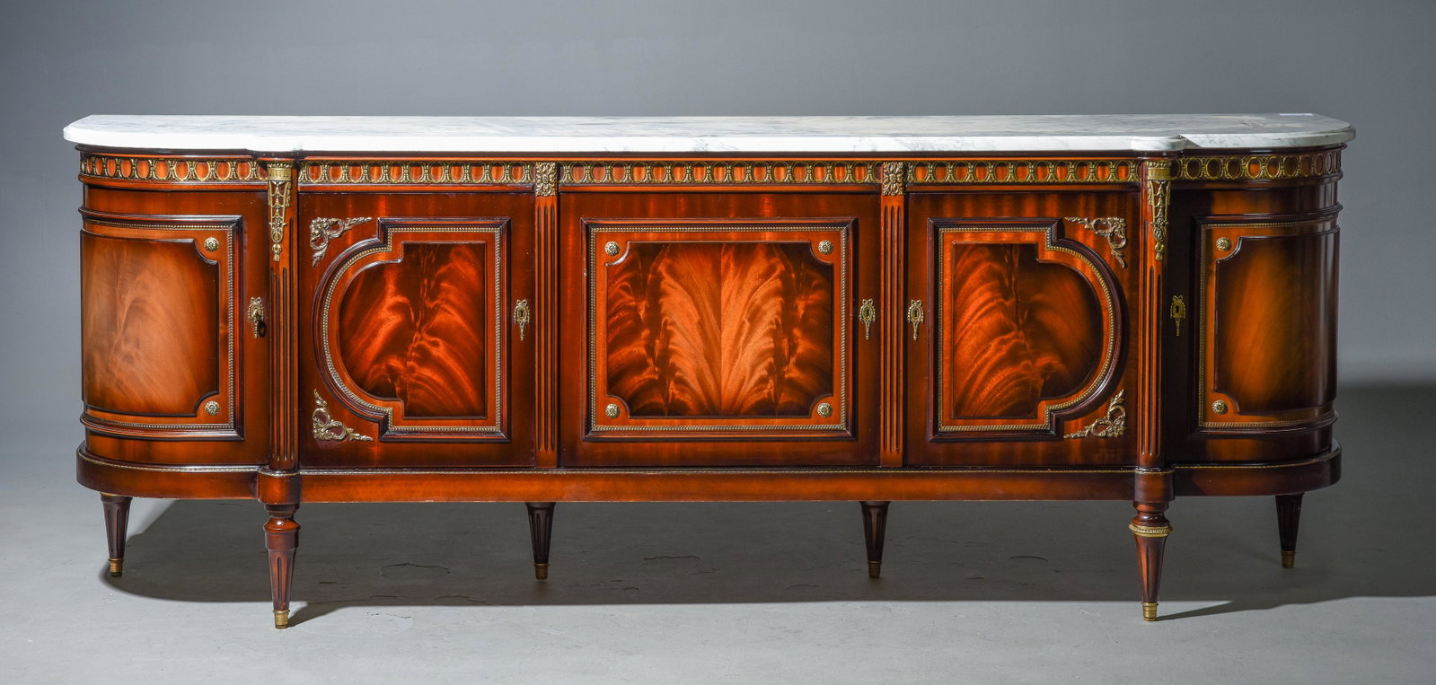Louis XVI Style White Marble Top Sideboard: French Louis XVI Style White Marble Top Mahogany Sideboard / Enfilade - 39 in tall x 105 x 23