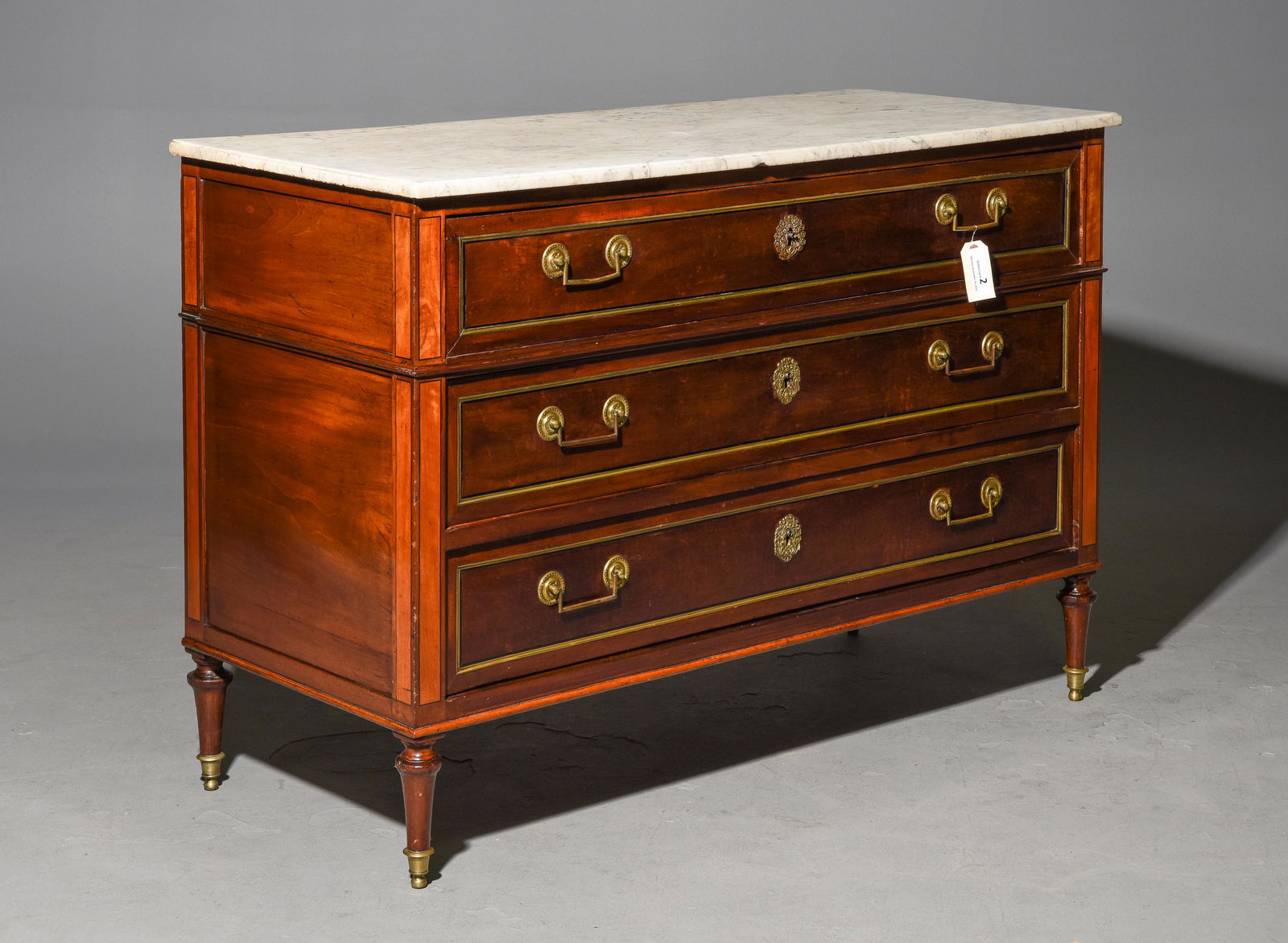 Louis XVI Style White Marble Top Commode: French Louis XVI Style White Marble Top Mahogany Commode / Chest - 34.5 in tall x 51 x 21.5