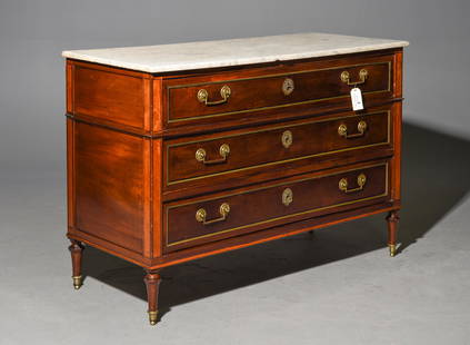 Louis XVI Style White Marble Top Commode: French Louis XVI Style White Marble Top Mahogany Commode / Chest - 34.5 in tall x 51 x 21.5