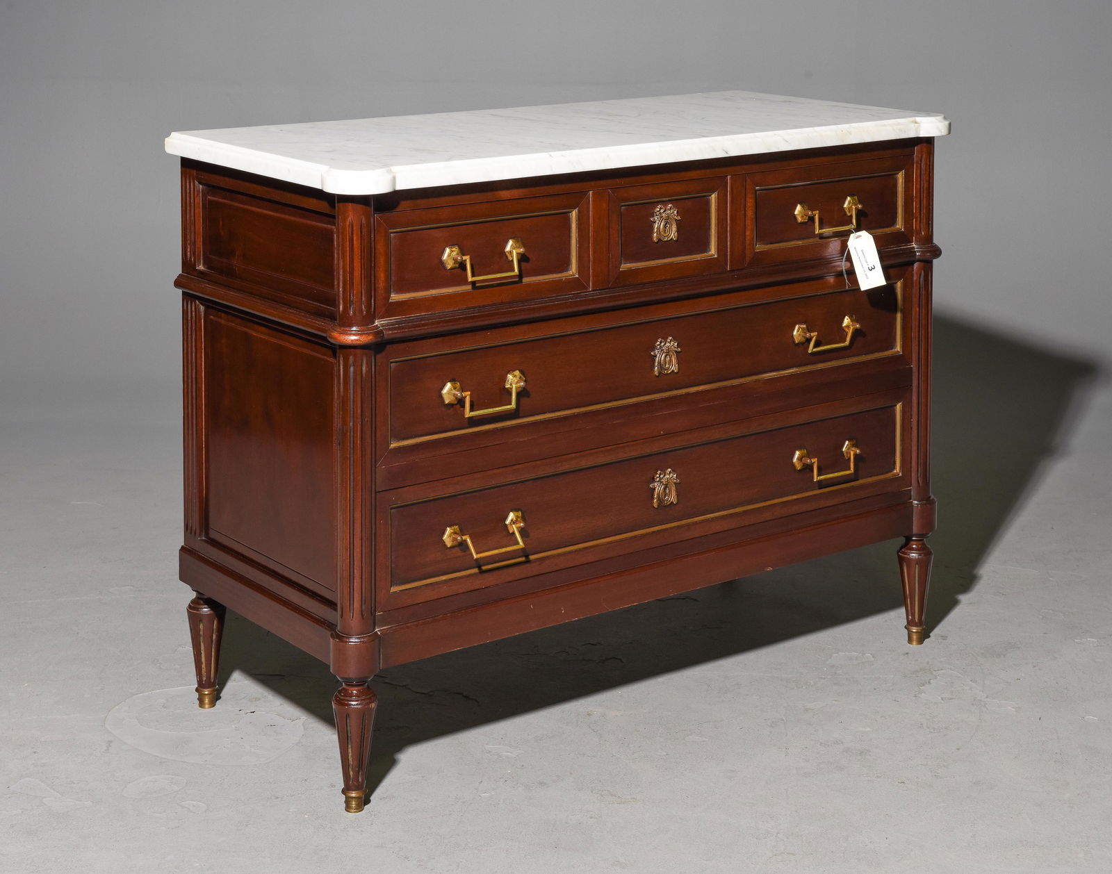 Louis XVI Style White Marble Top Commode: French Louis XVI Style White Marble Top Mahogany Commode / Chest - 33 in tall x 44 x 20