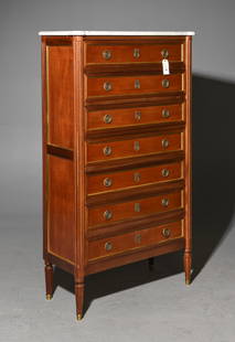 Louis XVI Style Marble Top Semainier / Chest: French Louis XVI Style White Marble Top Mahogany Semainier / 7 Drawer Chest - 57 in tall x 33 x 15