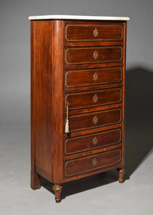 Louis XVI Style Marble Top Mahogany Cabinet: French Louis XVI Style Marble Top Mahogany Cabinet - False drawer appearance - 55 in tall x 31 x 17
