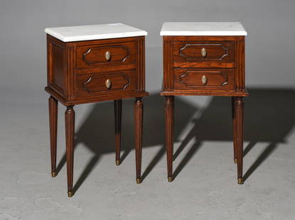 2 Louis XVI Style Marble Top Occasional Chests: 2 French Louis XVI Style White Marble Top Mahogany Occasional Chests / Nightstands - 29 in tall x 16 x 12