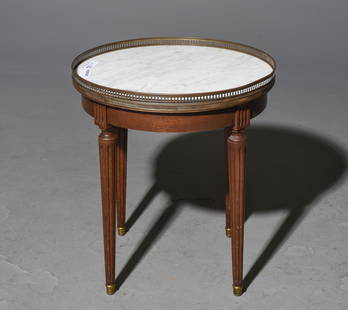 Louis XVI Style White Marble Top Occasional Table: French Louis XVI Style White Marble Top Round Mahogany Occasional Table with Brass Gallery - 20 in tall x 18 inch diameter