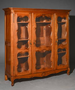 Louis XV Style Cherry Grilled Door Bookcase: French Louis XV Style Cherry Grilled Door Bookcase / Cupboard - 71 in tall x 73 x 22