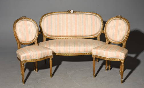 Louis XVI Style Gilded Salon Suite - Sofa & 2 Chairs: French Louis XVI Style Gilded Salon Suite - Sofa & 2 Chairs - Sofa is 38 in tall x 53 x 29, Chairs are 36 in tall x 20 x 23, Seat Height is 18 inches on all