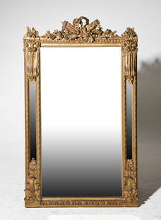 Louis XVI Style Gilded Mirror with Bird Detailing: French Louis XVI Style Gilded Mirror with Bird Detailing - 60 in tall x 37 x 5
