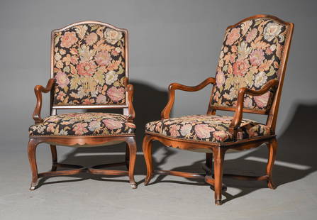 2 Louis XV Style Floral Upholstered Arm Chairs: 2 French Louis XV Style Floral Upholstered Fireside Arm Chairs - 42 in tall x 26 x 23, Seat height is 12 inches