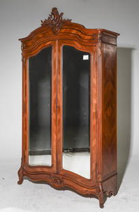 Louis XV Style Mirror Door Walnut Armoire: French Louis XV Style Double Mirror Door Walnut Armoire - 95 in tall x 53 x 18