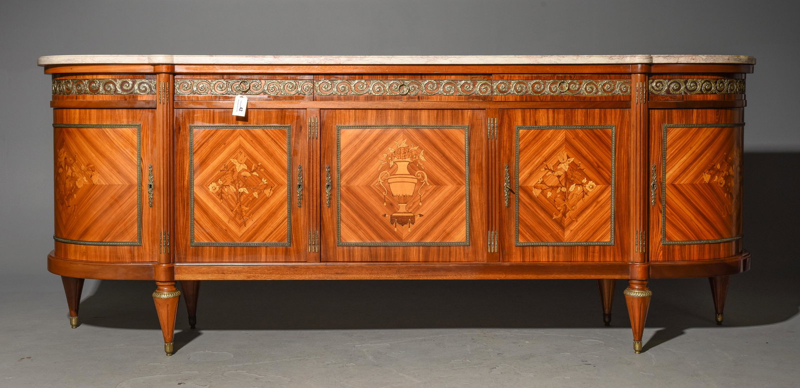 Louis XVI Style Inlaid Mahogany Marble Top Sideboard: French Louis XVI Style Inlaid Mahogany White Marble Top Sideboard - 41 in tall x 104 x 23