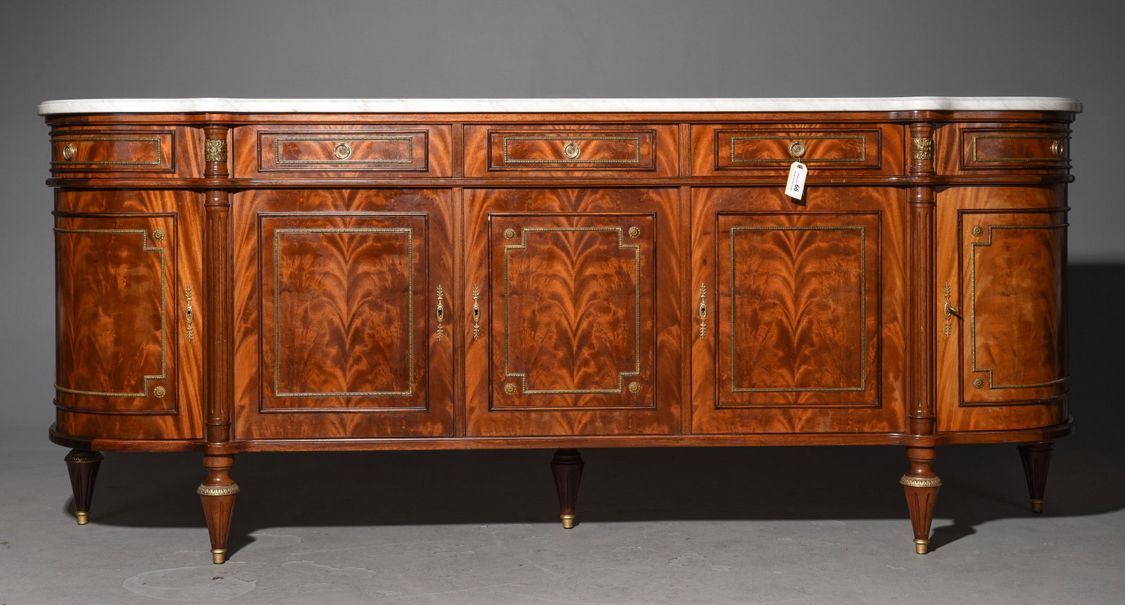 Louis XVI Style White Marble Top Sideboard: French Louis XVI Style White Marble Top Mahogany Sideboard - 41 in tall x 99 x 22