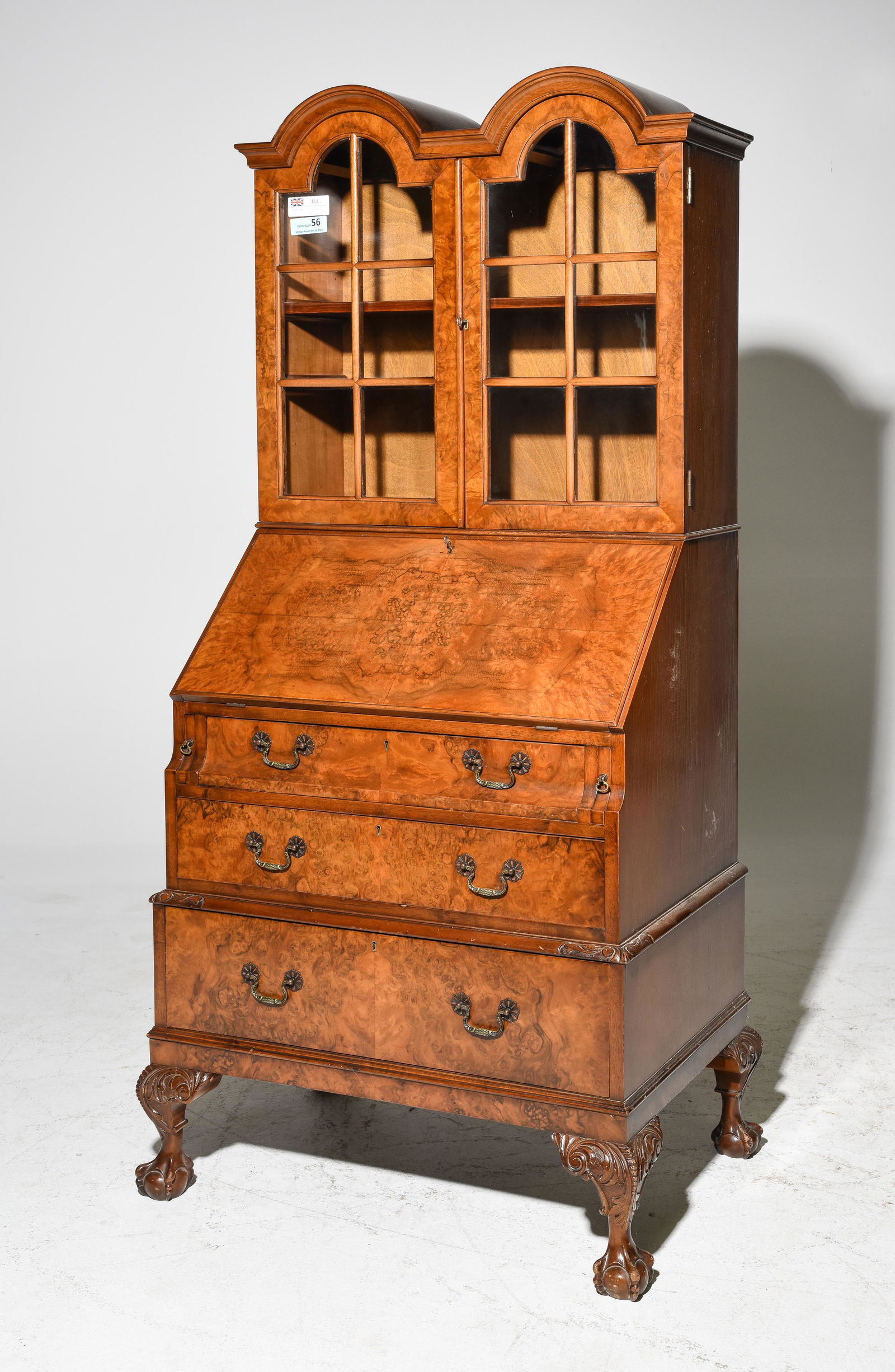 British Burl Walnut Secretary Bookcase c.1920 (1 of 4)