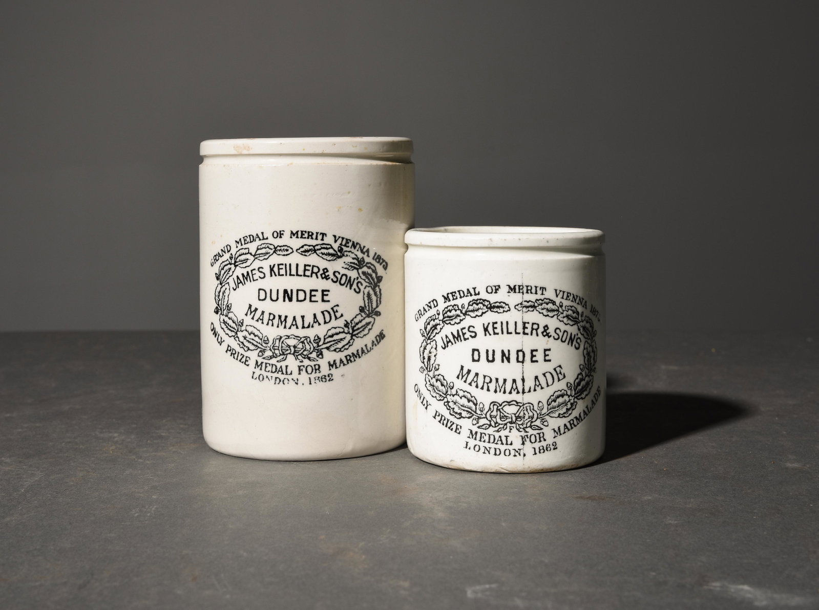 2 Dundee Marmalade Jars c.1880 - Assorted Sizes: 2 James Keiller & Sons Dundee Marmalade Jars c.1880 - Largest is 5.5 x 4 inch diameter - ( English / Scottish Advertising Ironstone Pottery )
