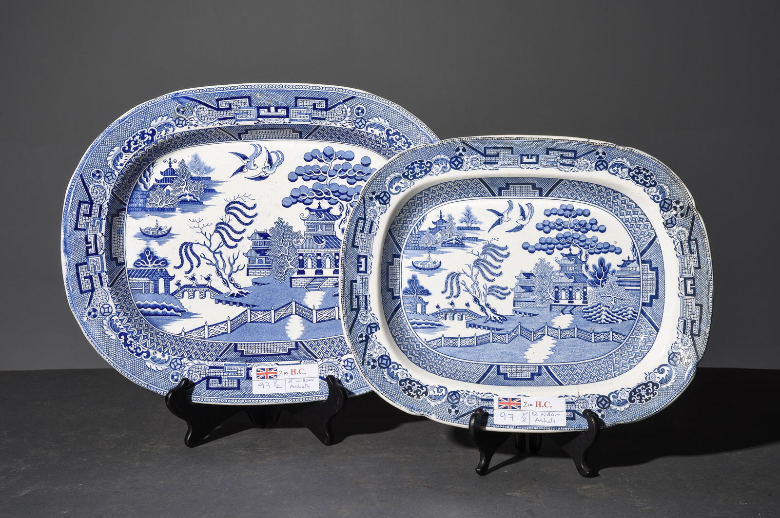 2 Victorian Willow Pattern Blue & White Platters (1 of 3)