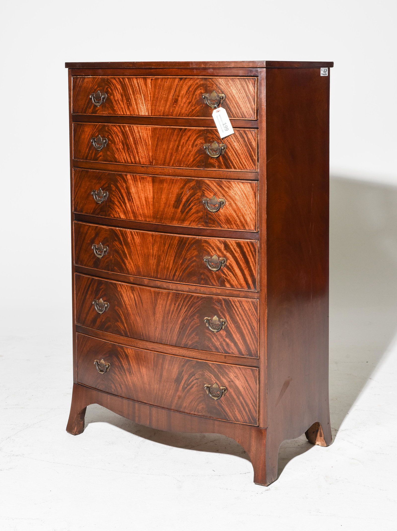 English Flame Mahogany Chest c.1920's: English Flame Mahogany Bow Front 6 Drawer Chest c.1920's - 48 in tall x 30 x 18