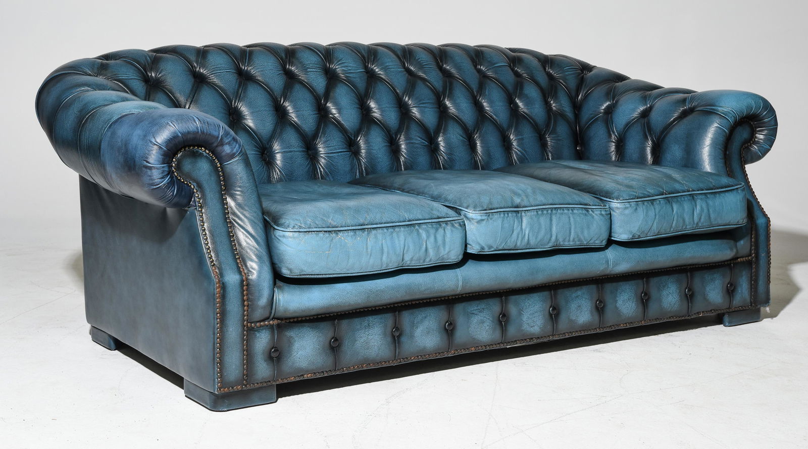 British Blue Leather 3 Seater Chesterfield Sofa (1 of 5)