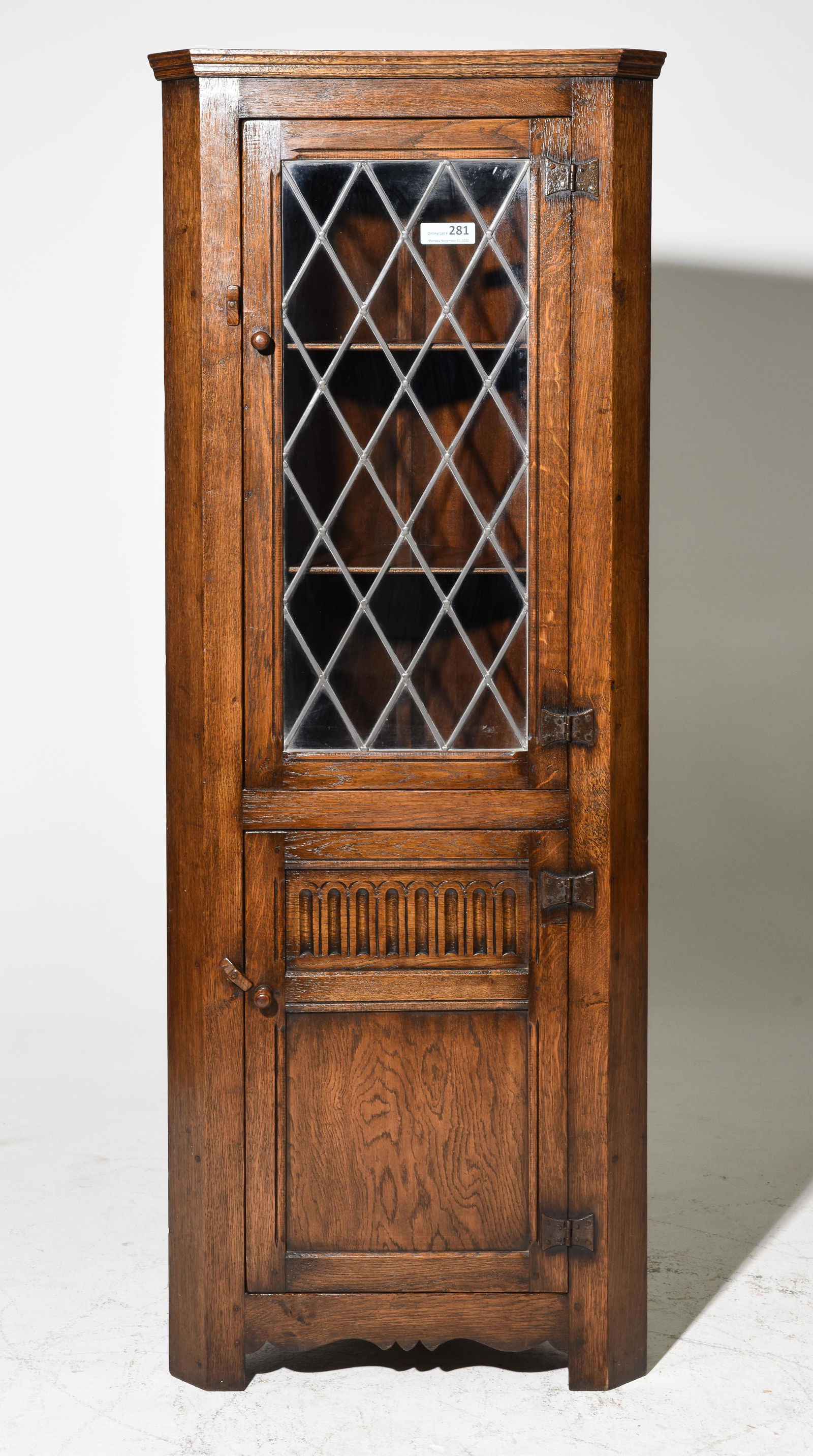 English Oak Leaded Glass Corner Cabinet (1 of 3)