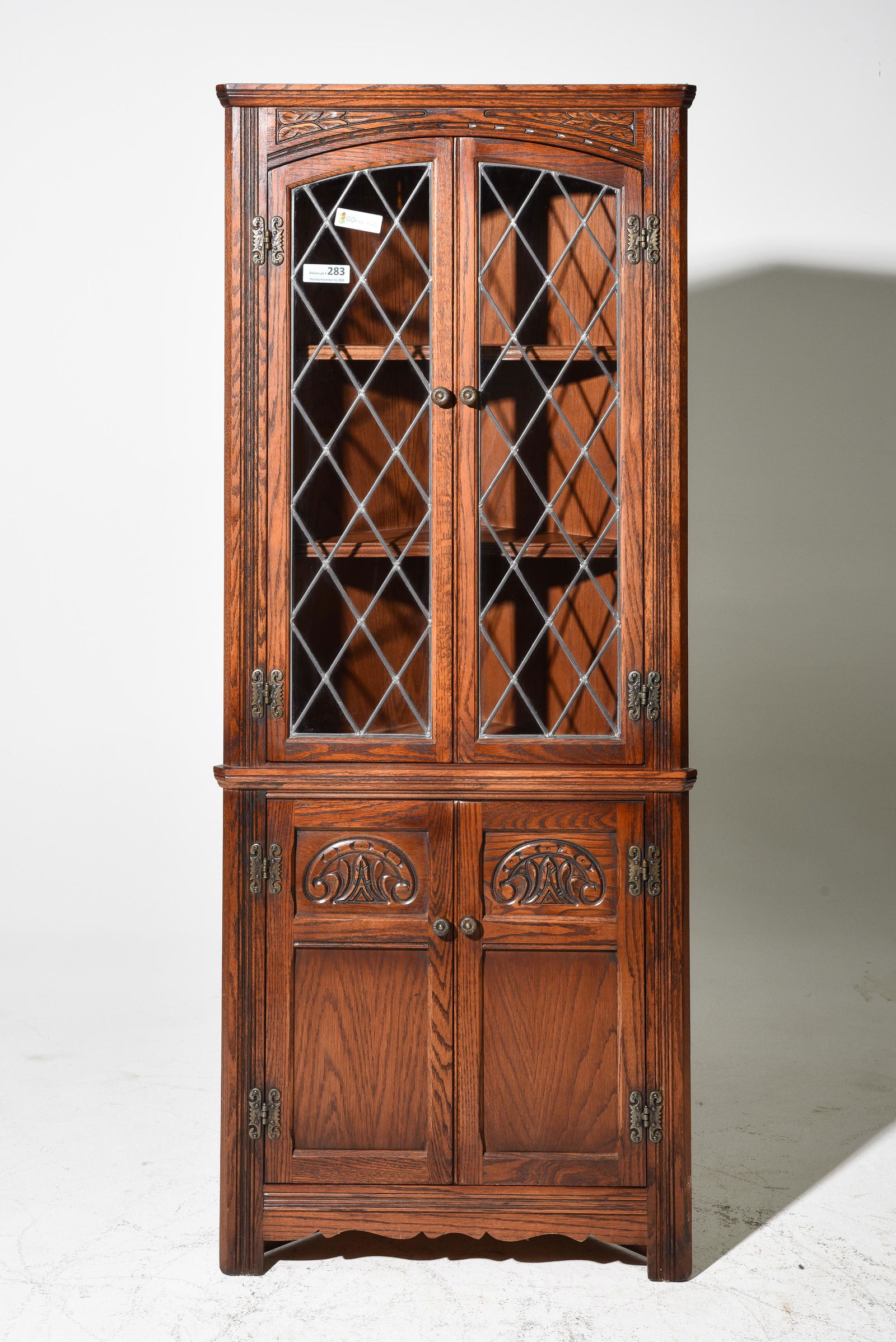 English Oak Leaded Glass Corner Cabinet (1 of 4)