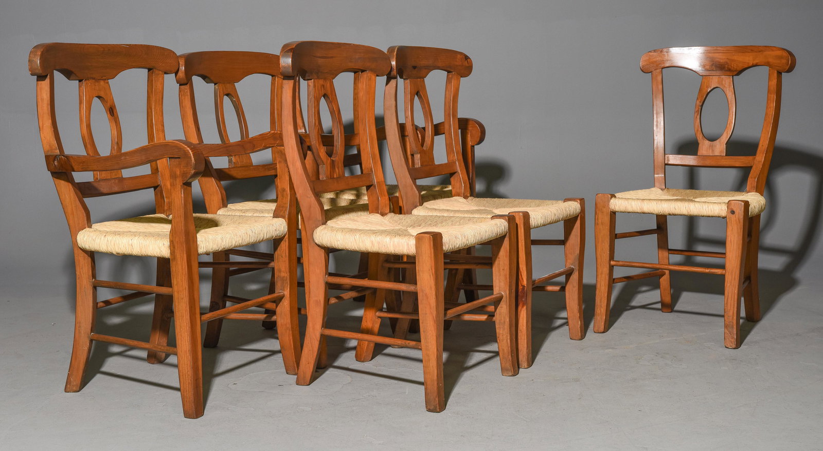 6 British Walnut Rush Seat Chairs c.1920's (1 of 5)