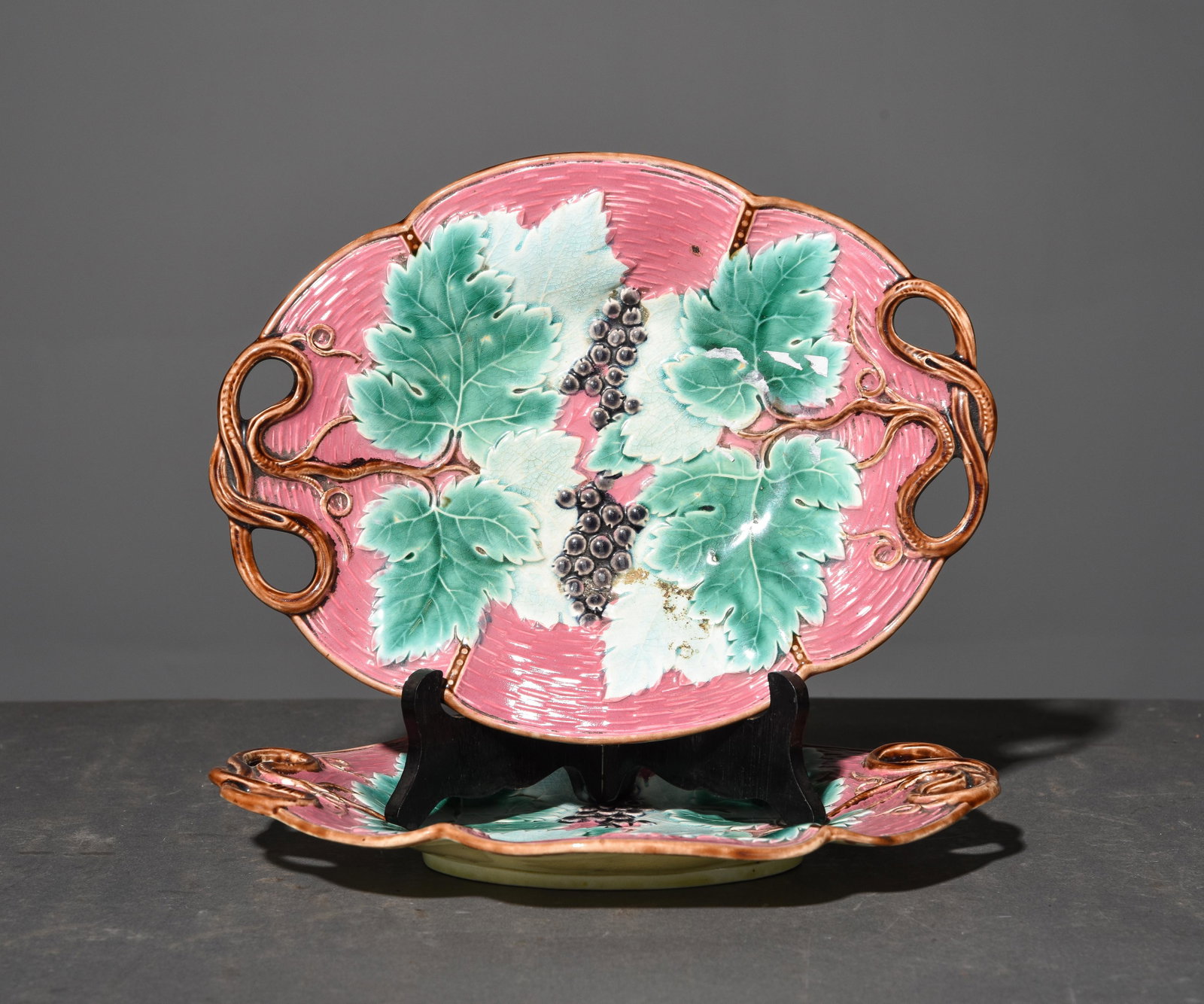2 Majolica Plates with Foliate & Grape Design: 2 Majolica Plates with Foliate & Grape Design - 9 x 11 each