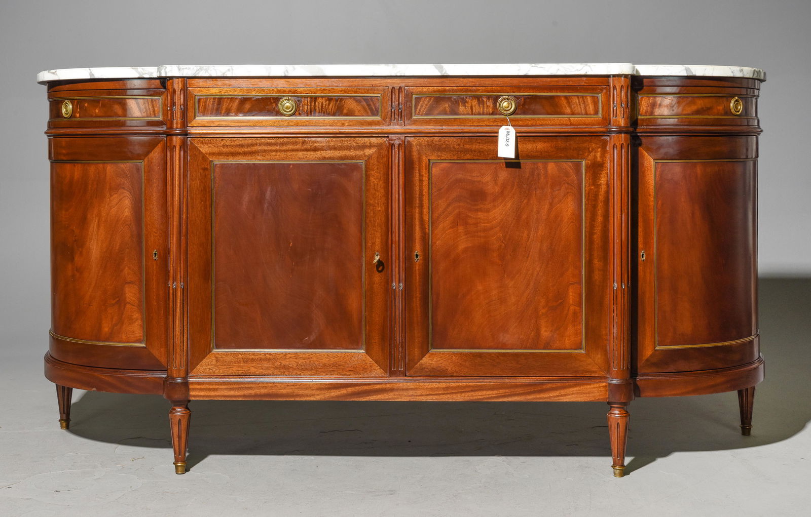 Louis XVI Style White Marble Top Sideboard: French Louis XVI Style White Marble Top Mahogany Sideboard / Enfilade - 42 in tall x 83 x 21