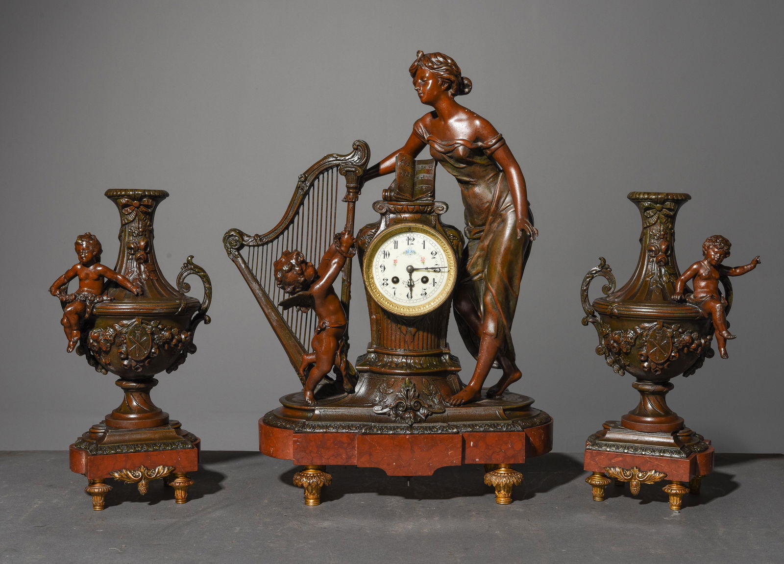 French Figural Clock with Garnitures On Marble Base (1 of 7)