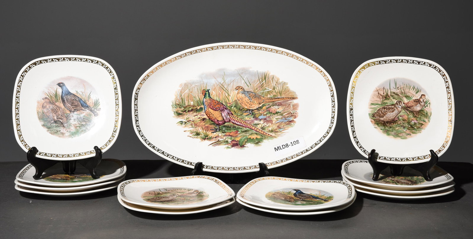 13pc French Pheasant / Quail Plate Set: 13pc French Pheasant / Quail Plate Set - Platter & 12 Plates - Platter is 11 x 17
