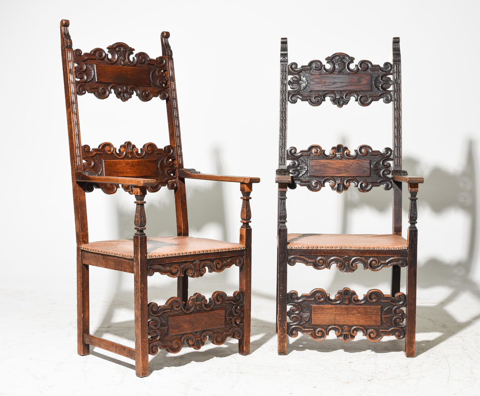 2 Renaissance Style Carved Oak Throne Chairs (1 of 5)