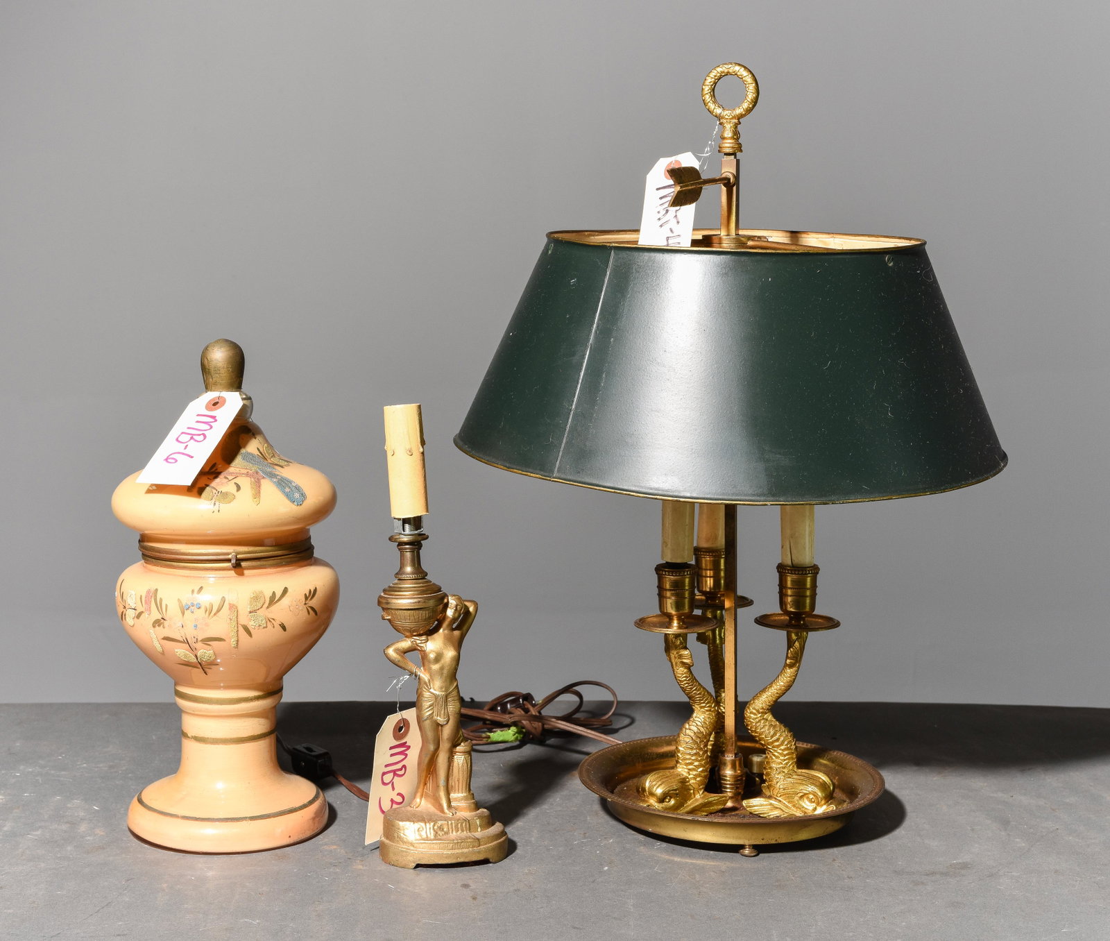 2 Desk Lamps & Czech Glass Cordial Set: 2 Desk Lamps & Czech Glass Cordial Set - Largest is 20 in tall x 14 inch diameter - Largest lamp marked made in Italy