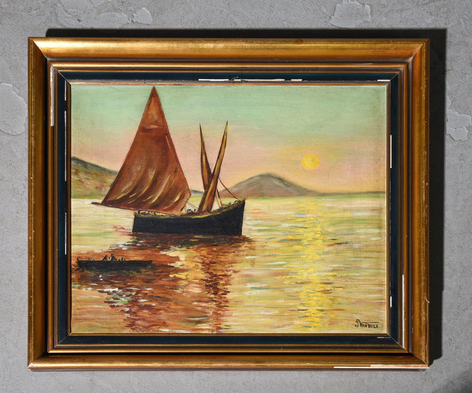 Framed Oil on Canvas - Sail Boat c.1920's: Framed Oil on Canvas - Sail Boat c.1920's - 23 in tall x 27 x 3, The work itself is 18 x 22
