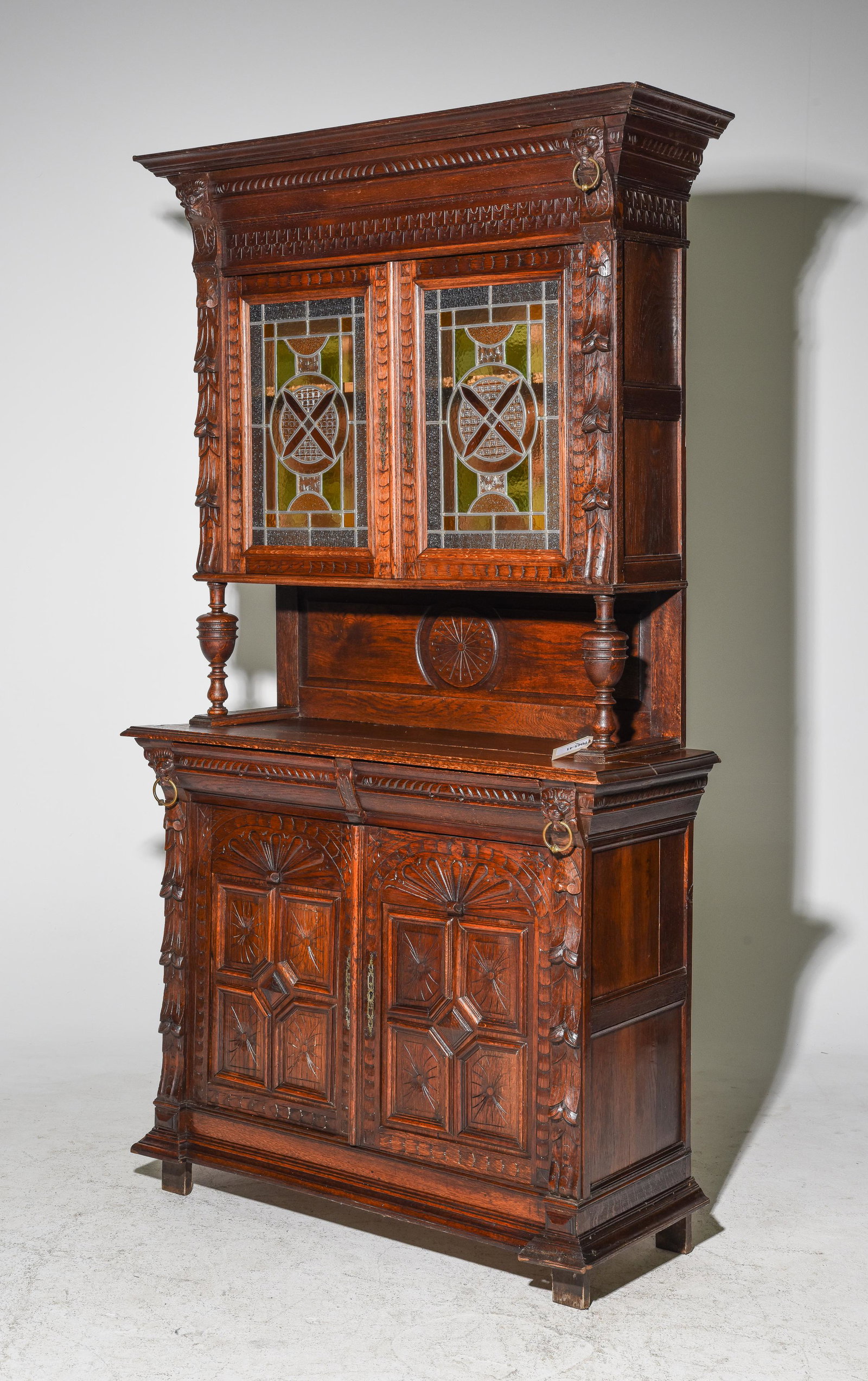 Henri II Style Stained Glass Oak Double Buffet c.1880's: Henri II Style Stained Glass Oak Double Buffet c.1880's - 88 in tall x 47 x 19