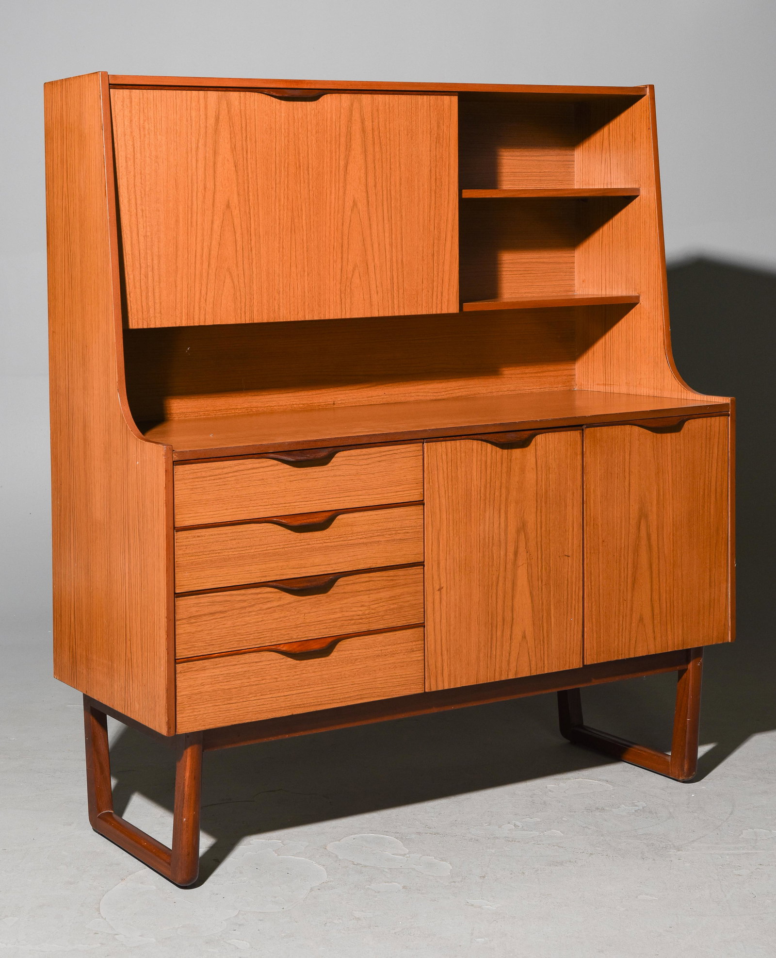 Mid Century Modern Cocktail Sideboard on Sleigh Legs: Danish Modern Style Hutch / Cocktail Sideboard on Sleigh Legs - Europa Furniture