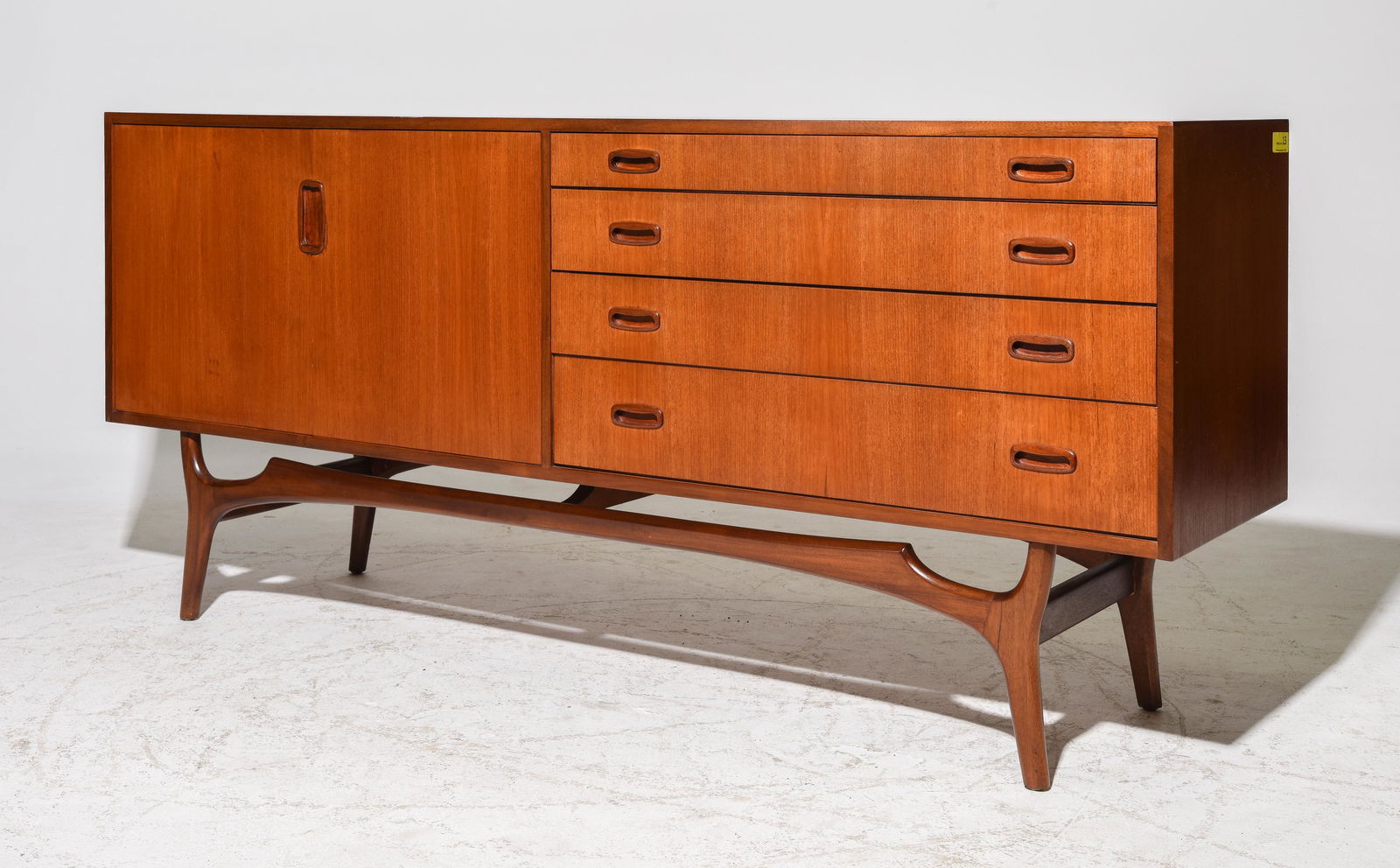 Mid Century Modern Sideboard with Open Stretcher Base: Danish Modern Style Credenza by British Maker Greaves & Thomas - 31 in tall x 17 x 69