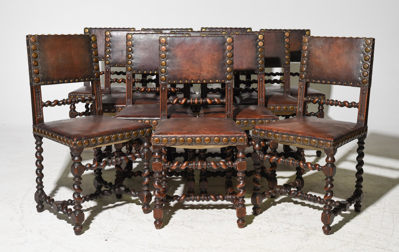 12 British Oak Barley Twist Leather Chairs c.1890's (1 of 5)