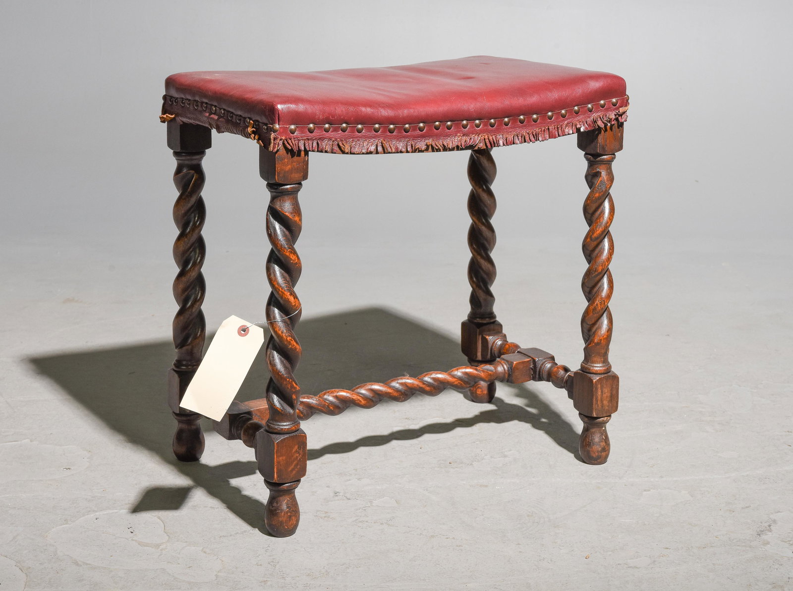 British Oak Barley Twist Leather Upholstered Stool (1 of 2)