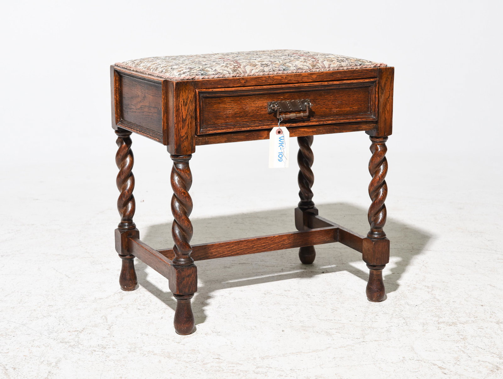 British Oak Barley Twist Upholstered Stool with Drawer (1 of 2)