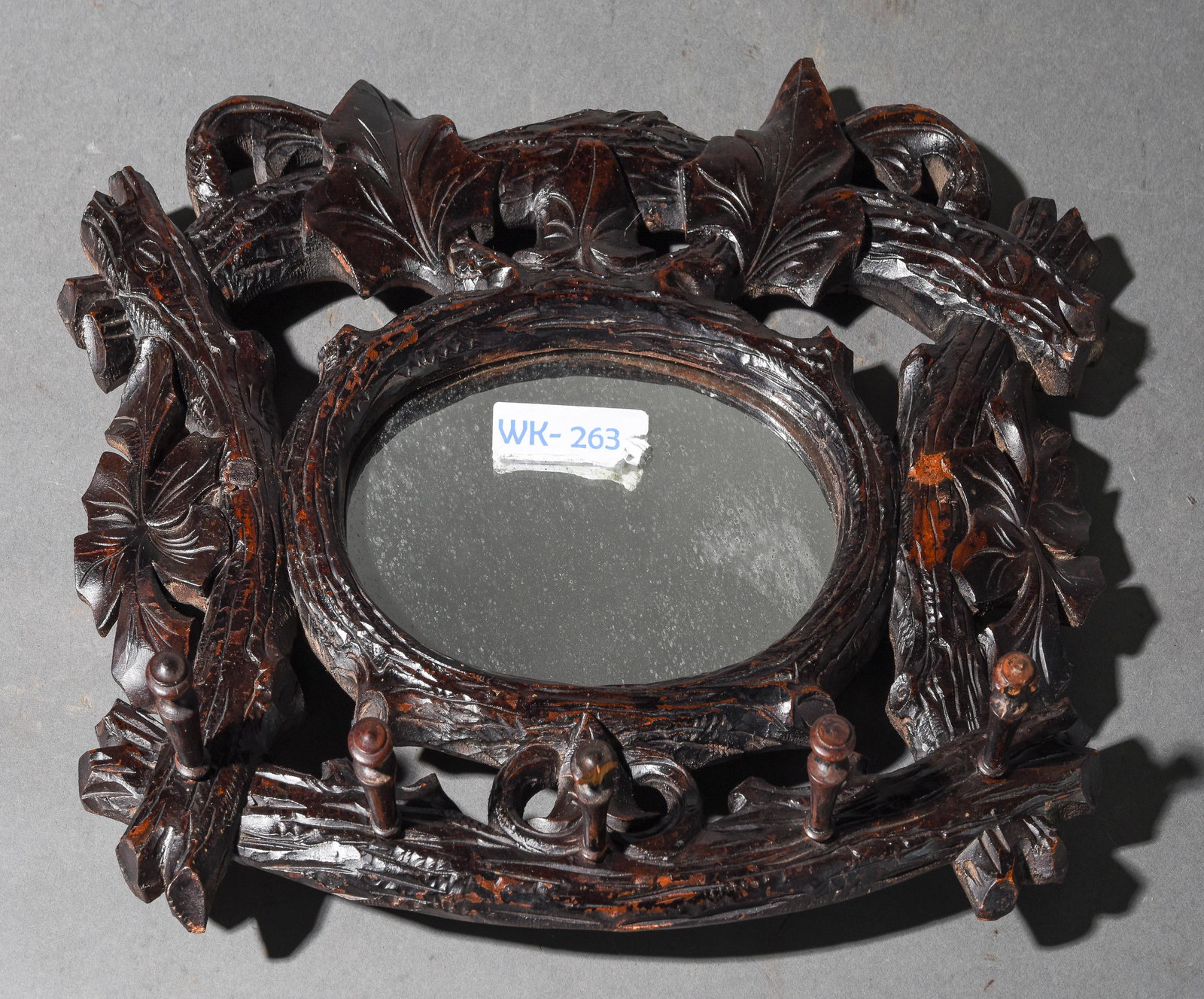 Black Forest Carved Small Mirror with Hooks (1 of 4)