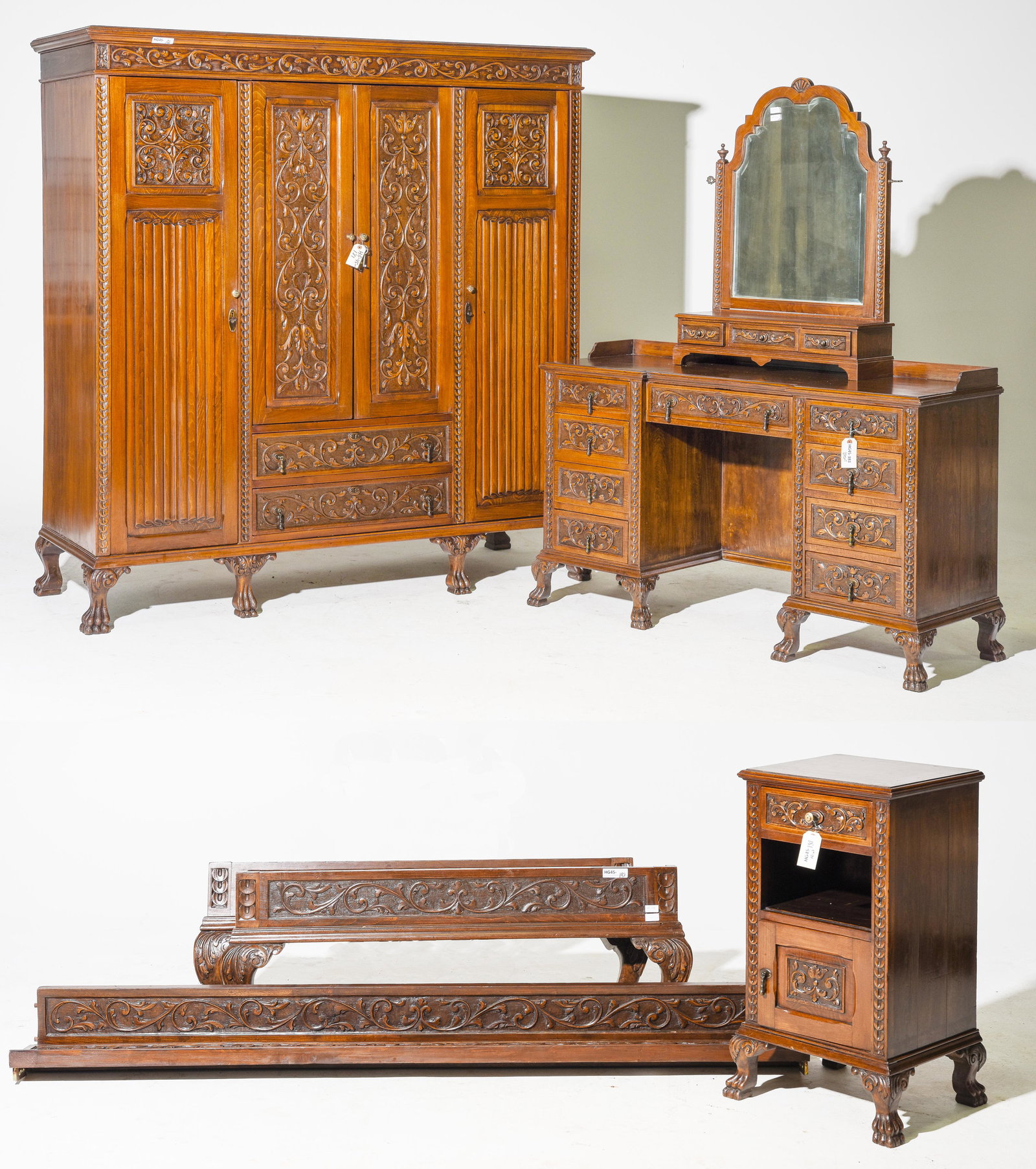 Tudor Style Carved Robe, Dresser, Bed Frame & Nightstand: Tudor Style Carved Robe, Dresser, Bed Frame & Nightstand - Dresser is 67 in tall x 52 x 19, Kneehole is 25 in tall x 21 wide, Nightstand is 31 in tall x 18 x 15, Bed Frame is 49 inches wide by 76 inch