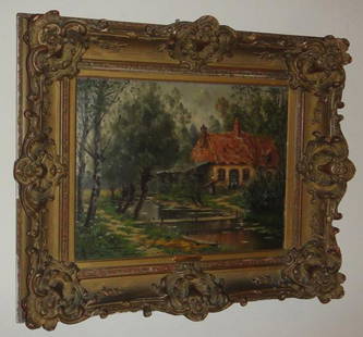 Armand Guery, Fr. 1850-1912, oil on Panel: French Genre Landscape by Armand Guery, circa 1870. viewer sees a cottage with a woman carrying bundles of wood to the cookhouse, with two children at the doorway. There is a woodland in the backgroun